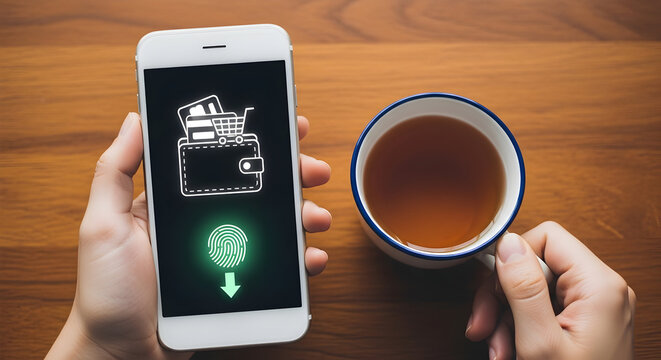 Person using mobile payment app with fingerprint authentication next to a cup of tea on a wooden table showcasing secure online shopping and digital wallet technology for convenient transactions - Powered by Adobe