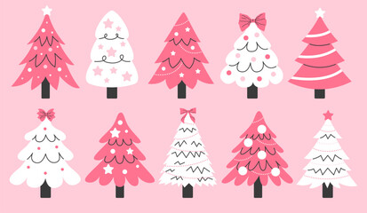 Set of pink Christmas trees decorated with Christmas toys and garlands in a flat cartoon style isolated on a background. Vector New Year and Christmas illustrations