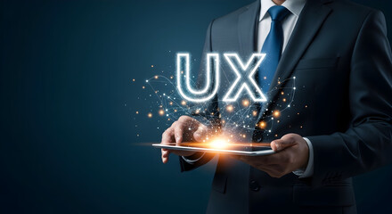 Professional businessman showcasing ux design on a tablet with digital connections highlighting user experience and technology in a modern business context for innovative solutions and strategies