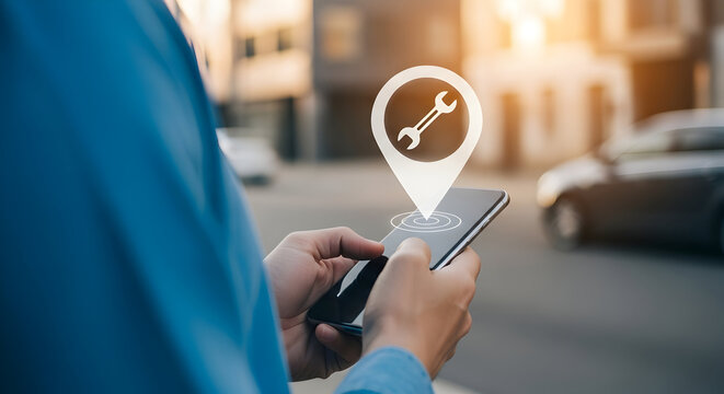 Person uses a mobile app for car repair services showing a wrench icon on a map pin indicating nearby auto mechanics and roadside assistance highlighting convenience and technology in vehicle maintena
