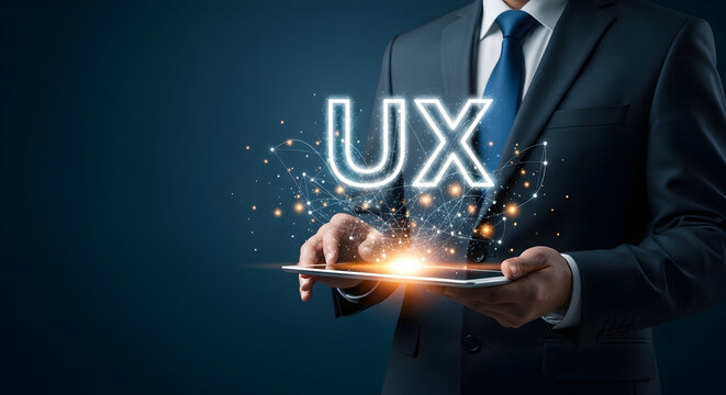 Professional businessman showcasing ux design on a tablet with digital connections highlighting user experience and technology in a modern business context for innovative solutions and strategies - Powered by Adobe