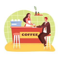 Man In Suit And Tie Sitting At Coffee Counter Receiving Drink From Barista In A Coffee Shop With Green Tiled Wall And Orange Counter With Coffee Sign