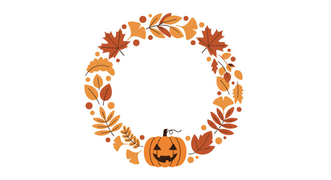 Autumn wreath with a carved pumpkin and colorful fall leaves arranged in a circle.