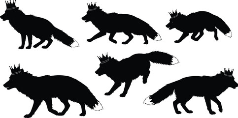 Majestic fox silhouette wearing a royal crown, symbolizing power, intelligence, and mystery in elegant black illustration art design collection