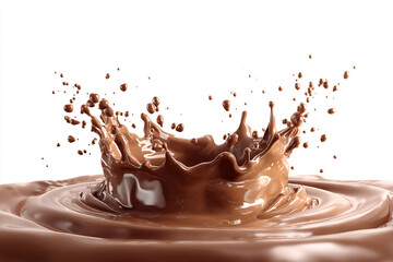 A rich brown liquid creating an energetic splash with many flying droplets on a pristine white background