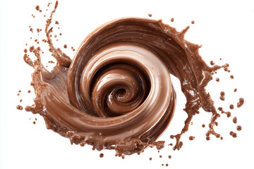 A dynamic swirl of rich chocolate liquid splashes and twirls against a clean white backdrop creating an appealing visual