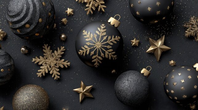 the image shows several matte black and gold christmas ball ornaments small stars and snowflakes arranged on a dark background with scattered glitter 2026