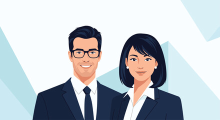 A diverse male and female business professionals in suits and ties pose confidently for a corporate image.