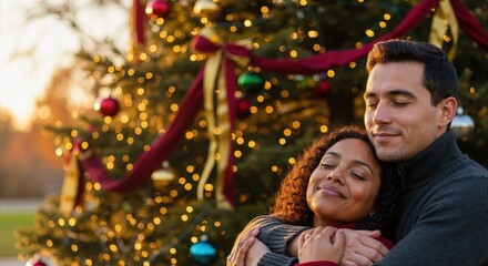 A loving interracial couple embracing in front of a decorated Christmas tree. A man and woman hug outdoors during the festive holiday season at sunset