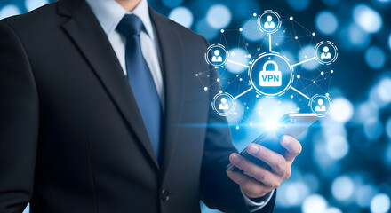 Businessman uses VPN on smartphone for secure network connection protecting data and privacy with encryption technology in a digital world ensuring safe online communication and transactions