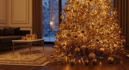 A glowing Christmas tree with golden lights and ornaments in a cozy living room. Festive holiday home interior with presents under the tree. Winter celebration background