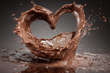 Dynamic chocolate splash forms a heart shape with countless flying droplets