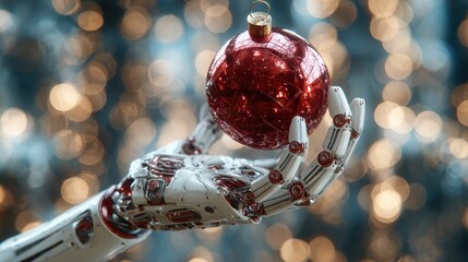 a robotic hand holds a shiny red christmas ball the background features soft bokeh lights creating a festive atmosphere the scene represents a blend of technology and holiday spirit 2026