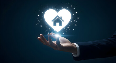 Hand presents glowing heart with house inside symbolizing home ownership and real estate investment with a dark blue background and sparkling lights for a magical feel