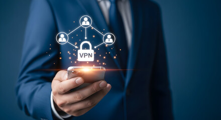 Businessman secures network with VPN on smartphone ensuring data privacy and protection through encrypted connection for safe browsing and secure communication in digital world