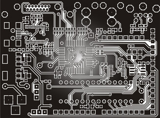 Tracing conductors of printed circuit board
of electronic device. Engineering decorative
drawing of pcb. Electric black white background with 
glow. Computer technic cad design. Electronic pattern.