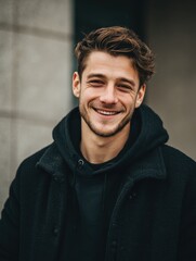 Fototapeta premium portrait of young handsome man smiling outdoor no logos no brands ar 34