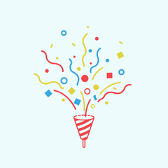 A minimalist illustration of a party popper exploding with colorful confetti.