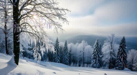 Snowy forest landscape shows trees covered with ice under bright cloudy sky