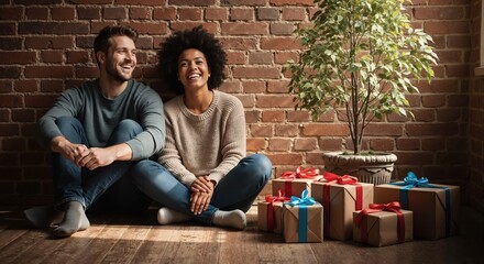 Happy young interracial couple smiling together with gifts. Man and woman celebrating a special occasion at home sitting against a brick wall