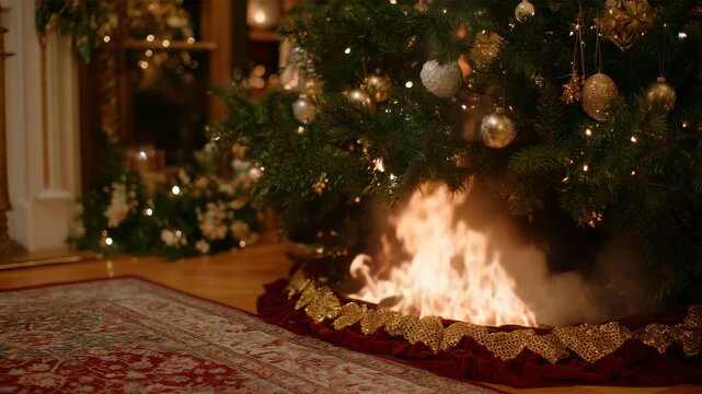 262Holiday interior shot with tree skirt starting to burn under red heater, smoke and tiny flames visible, ornaments and lights softly glowing in background, conveying fire safety war