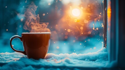 Cozy orange mug of steaming hot beverage on snowy window sill at sunset