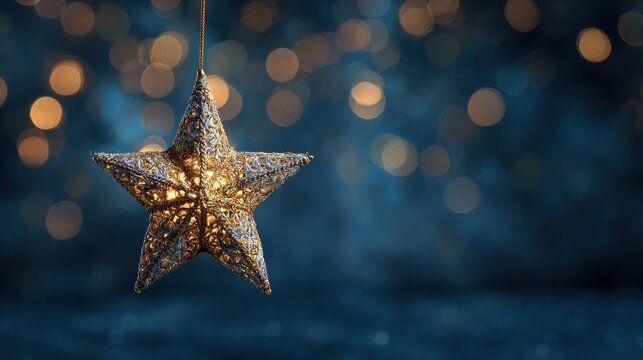 golden star hanging against a dark blue background with bokeh lights 2026 - Powered by Adobe