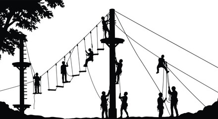People climbing and balancing on ropes at adventure park, teamwork, outdoor activity, training, challenge course, leadership, fitness, coordination, safety concept