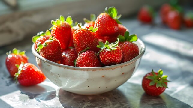 Fresh ripe strawberries in a bowl with natural sunlight