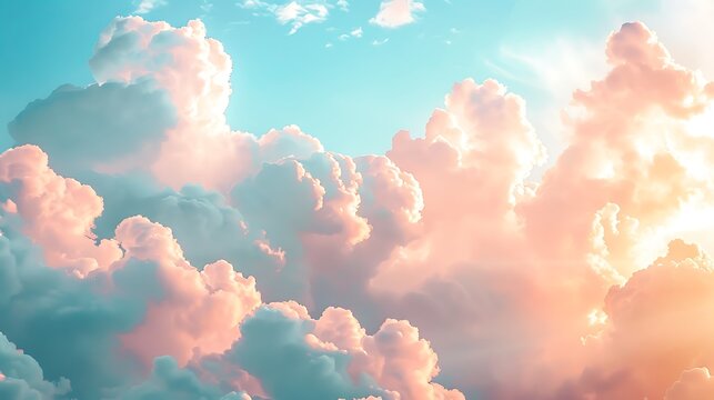 Dreamy pastel clouds in a bright blue sky at sunrise or sunset