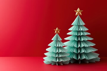 Obraz premium Two handcrafted folded paper holiday decorations stand against a vibrant red background