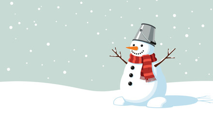 A cheerful snowman wearing a red scarf and bucket hat stands in a snowy landscape as snowflakes fall.