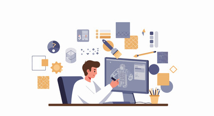 Fashion designer using CAD software for clothing design, surrounded by creative tools and design elements.