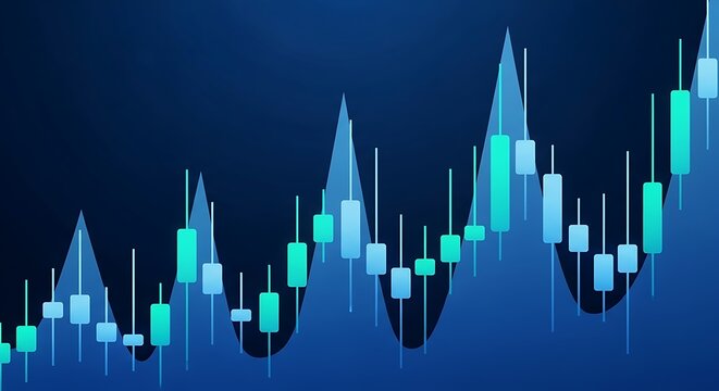 Candlestick chart showing stock market data on a blue background