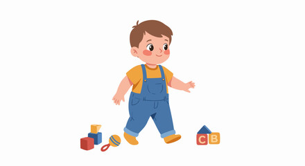 Adorable toddler boy in blue overalls and yellow shirt, happily walking among colorful building blocks and a rattle, representing early childhood development and playful learning.