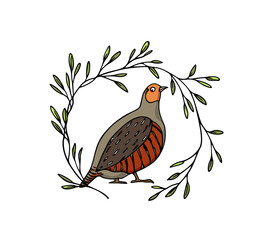 Vector card with hand drawn cute Grey Partridge  in graceful leafy wreath. Beautiful animal design elements, ink drawing, logo template