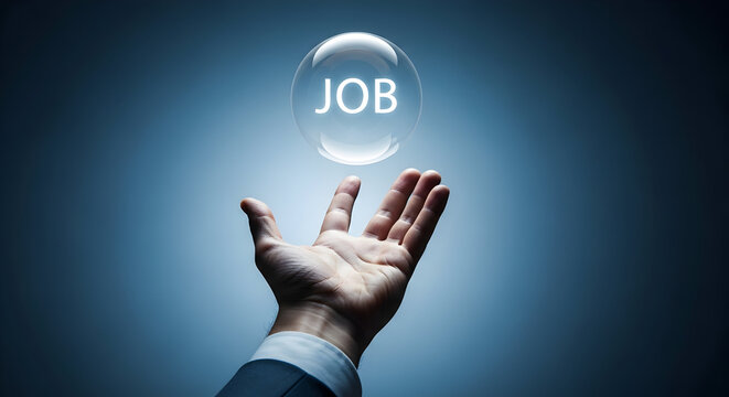 Hand reaches for a job opportunity inside a bubble symbolizing career aspirations and the pursuit of employment in a competitive market with a blue gradient background and professional attire shown