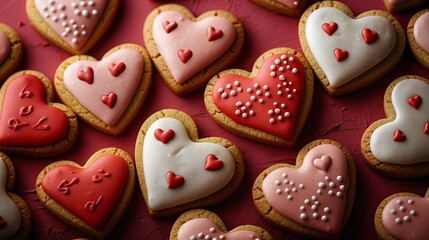 Close up of heart shaped cookies decorated with icing and sprinkles