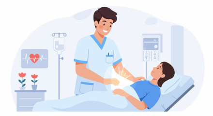 Compassionate male nurse providing healing care and support to a female patient in a hospital bed, surrounded by medical equipment.