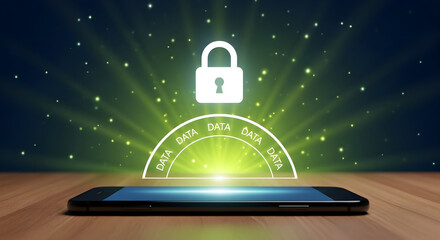 Secure data transfer on mobile device with padlock symbol and glowing light effects emphasizing data protection and privacy on a smartphone with a wooden background and digital security