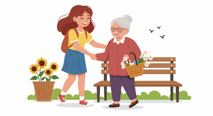 A cheerful young woman greets an elderly lady carrying a basket of flowers in a sunny park, showcasing friendship and community support.
