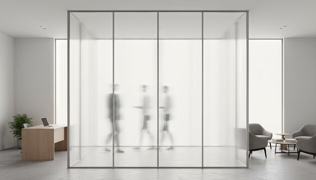Modern Office Interior with Frosted Glass Dividers and Silhouetted Figures Discussing Business