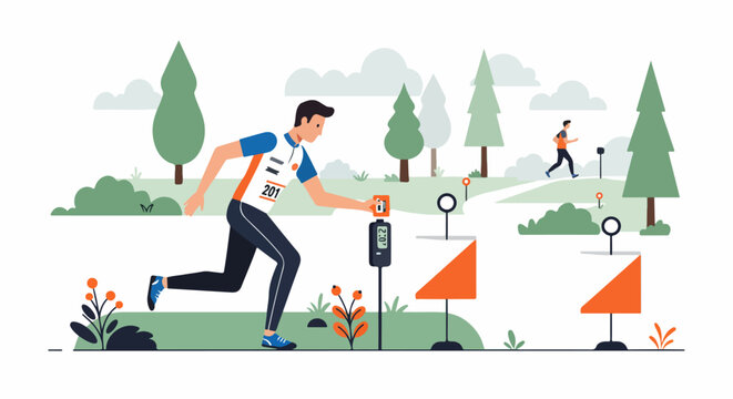 Orienteering athlete punching a control point during a race in a lush park, surrounded by trees and bushes, a competitive outdoor sports illustration.