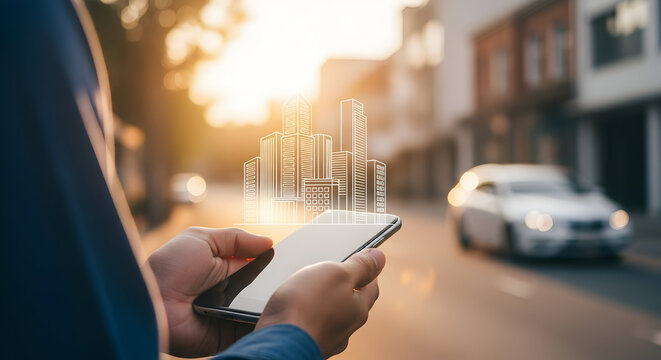 Man holds smartphone displaying a digital architectural design of city buildings showcasing modern urban planning and technology in a street setting with a blurred car in the background