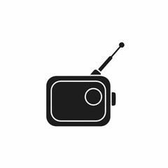 Simple radio illustration on plain white background, showing retro design with antenna. Radio device evokes old technology with round tuner and boxy shape.