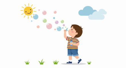 Happy cartoon boy blowing colorful soap bubbles outdoors on a bright, sunny day, surrounded by clouds and grass. A joyful scene of childhood play and summer fun.