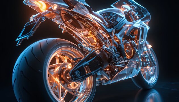 Sleek futuristic motorcycle design with glowing neon accents, a dynamic concept for high-speed innovation and technology advertising or visionary project promotion