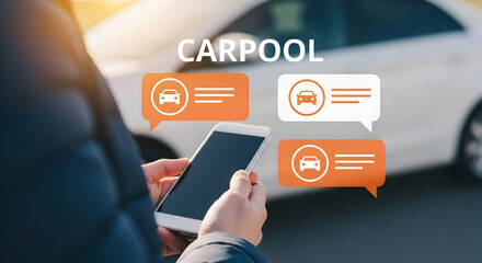 Person using a carpool app on a smartphone with car icons and text overlay promoting ride sharing and sustainable transportation options for commuters and urban mobility solutions in the city