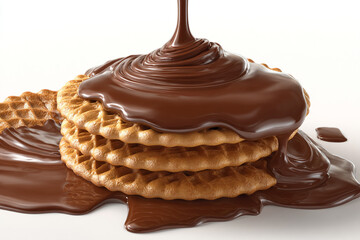 Rich chocolate cascading over a stack of golden waffles on a pristine white background