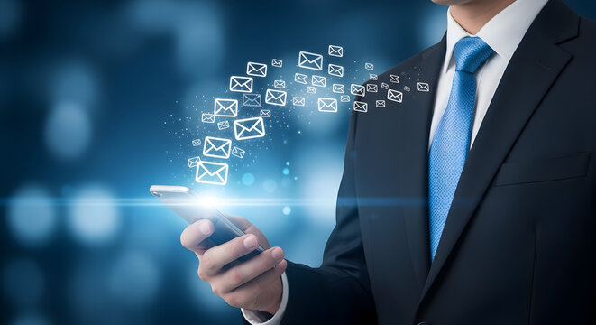 Businessman in a suit using a smartphone with email icons floating representing digital communication and marketing strategies for business growth and online connectivity in the modern era